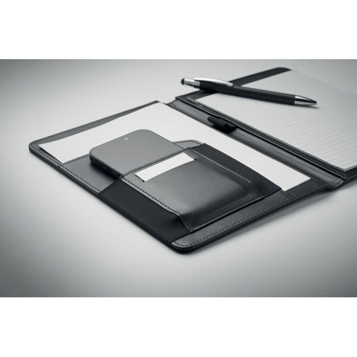 A black folio with a notepad, pen, and a phone in a side pocket. It features sleek, professional styling.