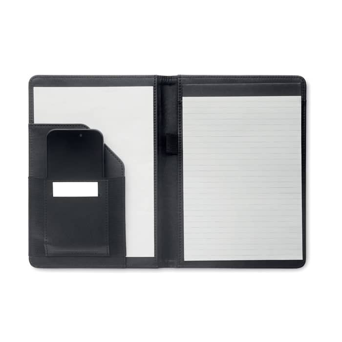 A black folio with a notepad, a pocket for a phone, and a lined paper section. Features a branding logo.
