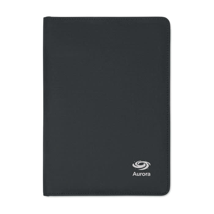 A black folio with a smooth exterior and a logo on the bottom corner.