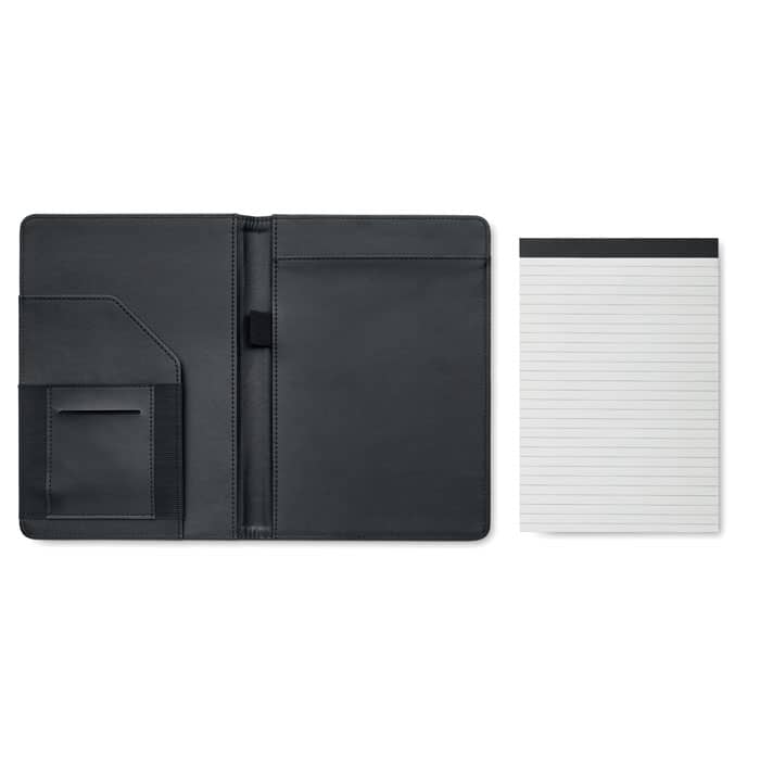 A black folio with a pocket and an accompanying lined notepad. The folio has a sleek, professional design.