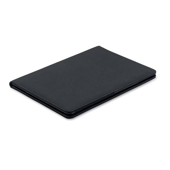 A black folio with a smooth finish and a logo on the cover.