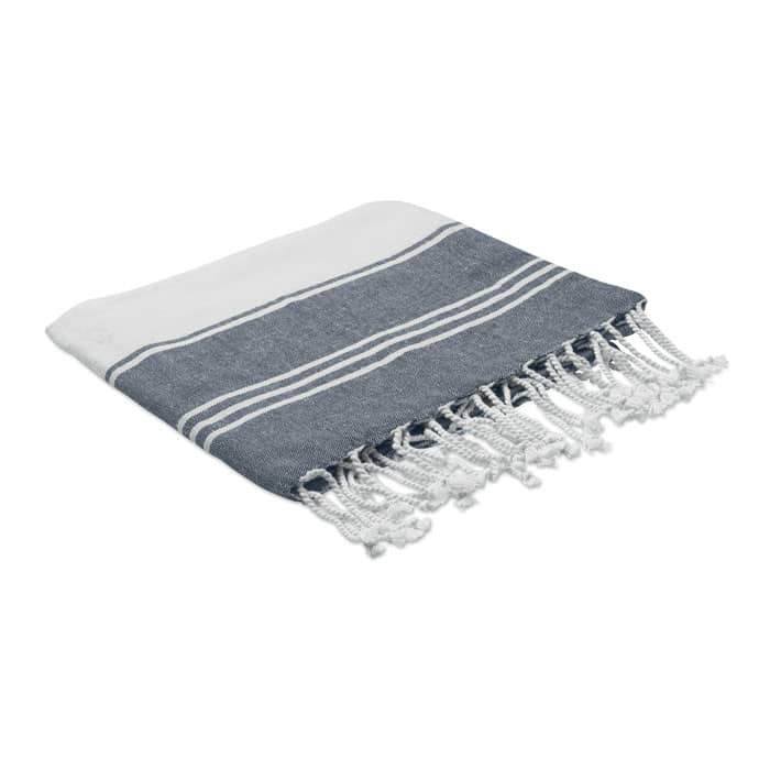 A folded towel in grey and white, featuring stripes and fringed edges. The towel is neatly arranged without any labels.