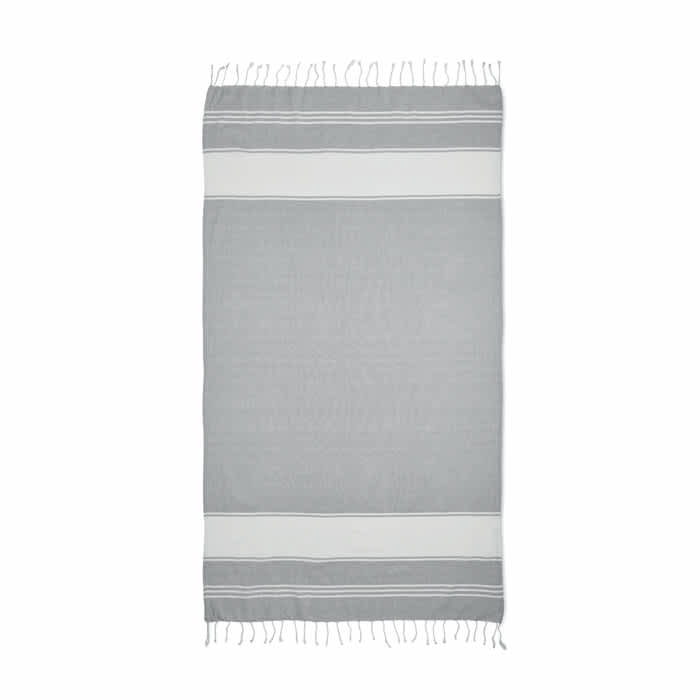 A grey and white towel with a striped pattern and fringed edges, featuring a simple and elegant design.