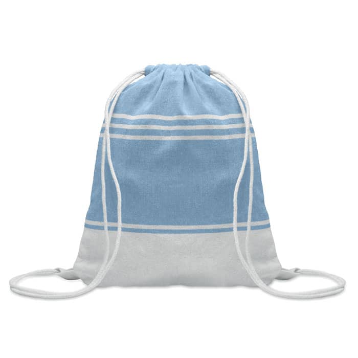 A drawstring bag in light blue and white with a striped design and matching drawstrings. It has branding on one side.