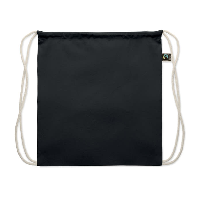 A black drawstring bag with beige cords and a small logo tag.