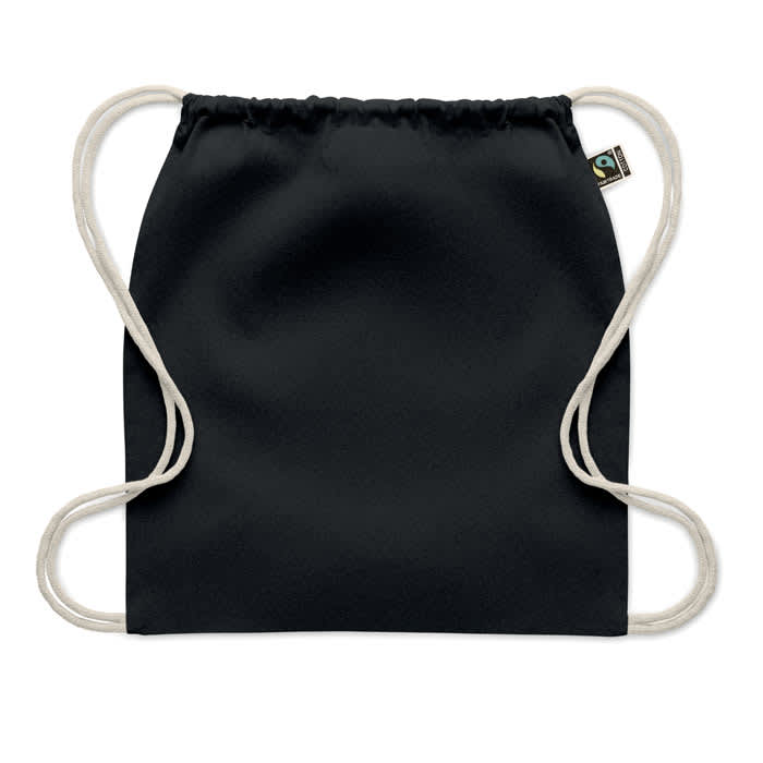 A drawstring bag in black with light-coloured cords and a small logo tag.