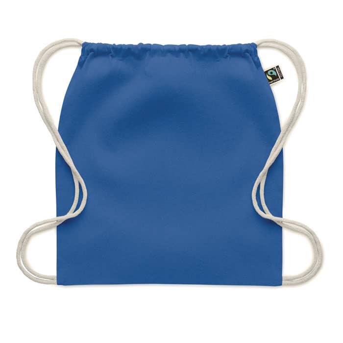 A blue drawstring bag with white cords and a small logo tag on the side.