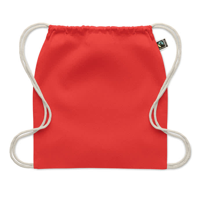 A drawstring bag in vibrant red with two white drawcords on the sides and a small logo tag.