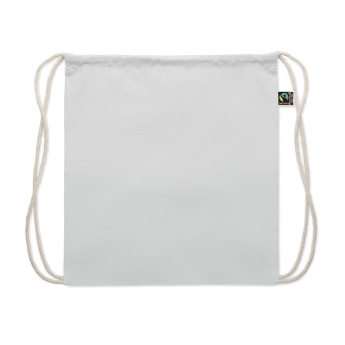 A white drawstring bag with two beige cords and a small logo tag. Simple and versatile design.