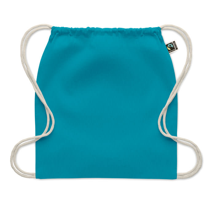 A drawstring bag in a vibrant turquoise colour with white strings, featuring a small logo tag.