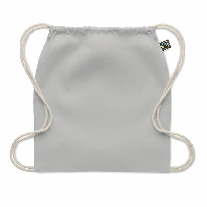 A drawstring bag in grey with cream-coloured cords, featuring a small logo tag.