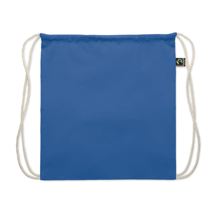A blue drawstring bag with white cords, featuring a logo tag on the side.