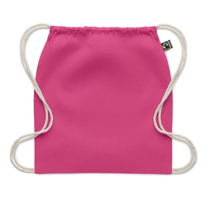 A pink drawstring bag with white cords. The bag has a logo on one side.