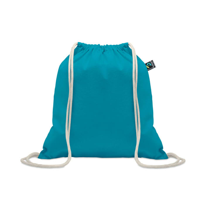 A drawstring bag in bright turquoise with cream-coloured cords and a small logo tag.