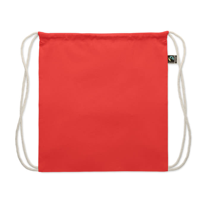 A drawstring bag in vibrant red with beige cords and a logo tag. The bag features a simple, unembellished design.