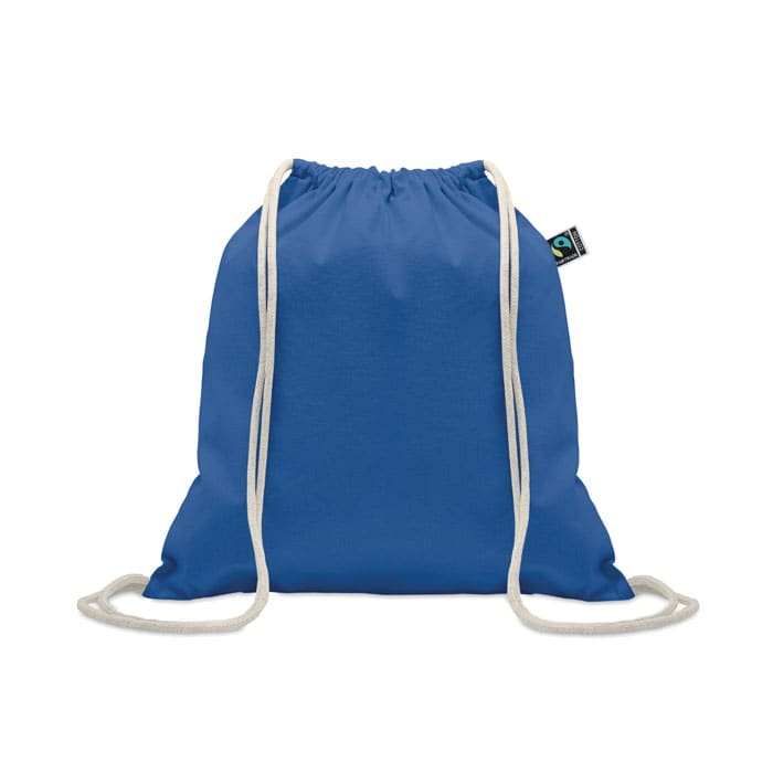 A blue drawstring bag with cream-coloured strings and a small logo tag.