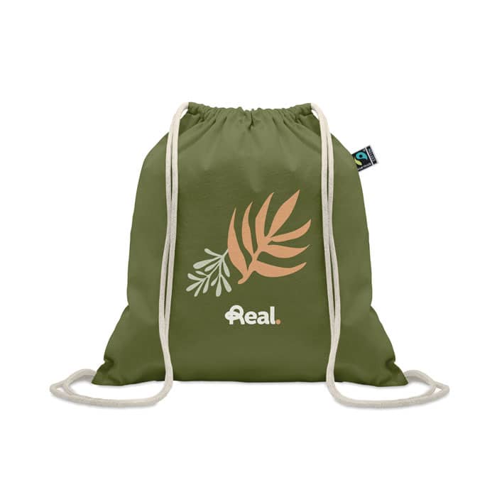 A drawstring bag in olive green featuring a leaf design and a logo. The bag has natural-coloured straps.