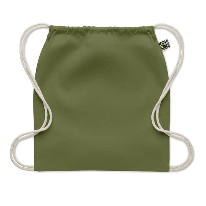 A drawstring bag in olive green with white cords and a small logo on the side.