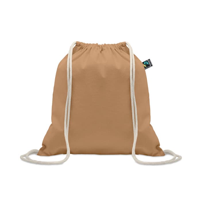 A drawstring bag in a warm brown colour with cream-coloured strings and a small logo tag.