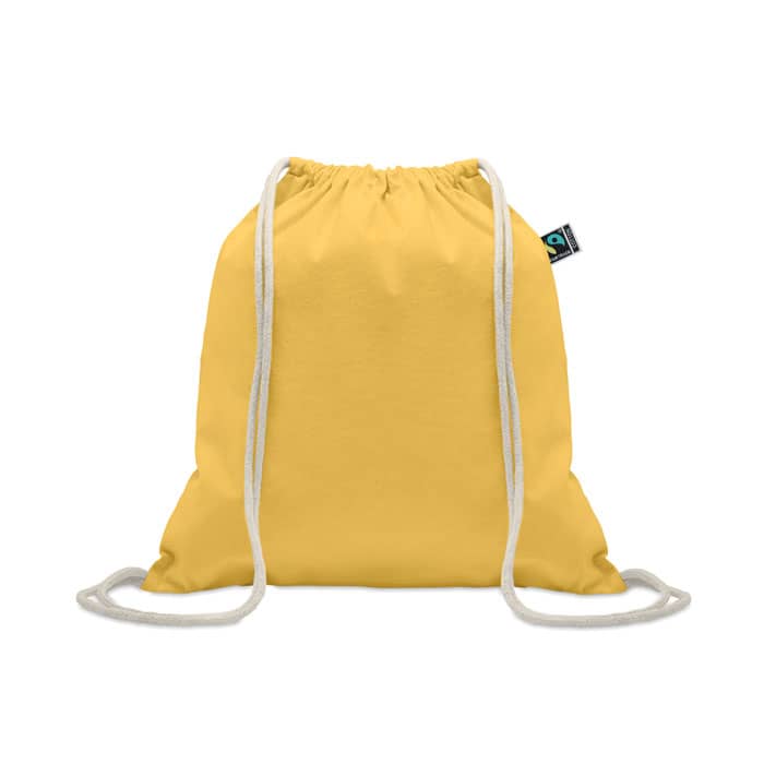 A yellow drawstring bag with white cords, featuring a small logo on one side.
