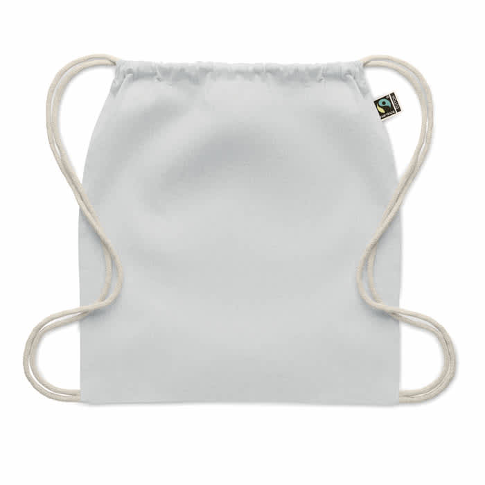 A drawstring backpack in white with two light-coloured cords and a small logo label.