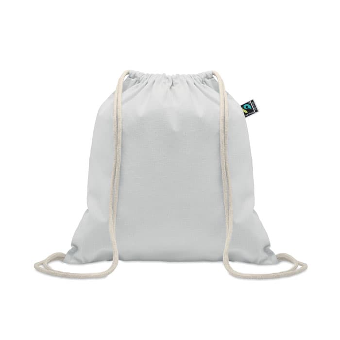 A drawstring bag in white with beige drawstrings and a tag featuring a logo.