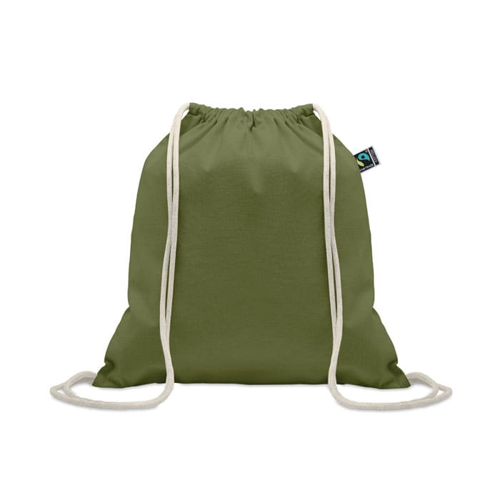 A drawstring backpack in olive green with white cord straps and a small logo label.