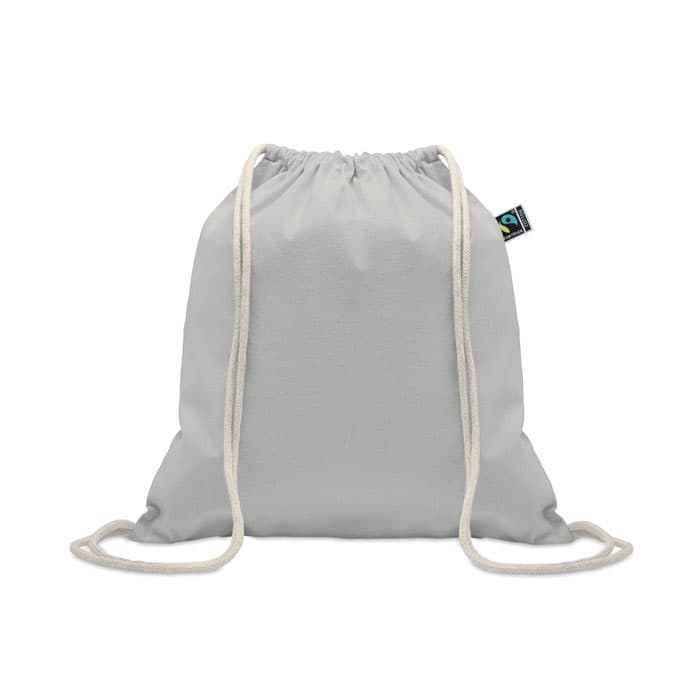 A drawstring bag in light grey with matching drawstrings and a small logo on the side.