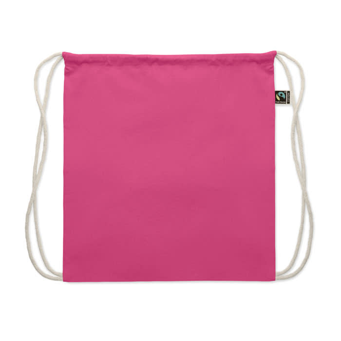 A pink drawstring bag with white cords and a small logo tag.