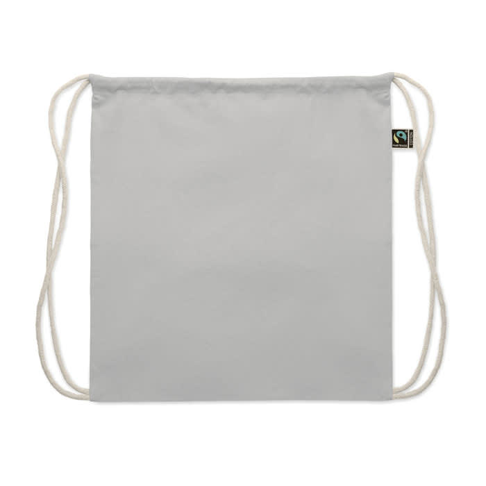 A drawstring bag in light grey with a branding label. Features two adjustable ropes for closure.