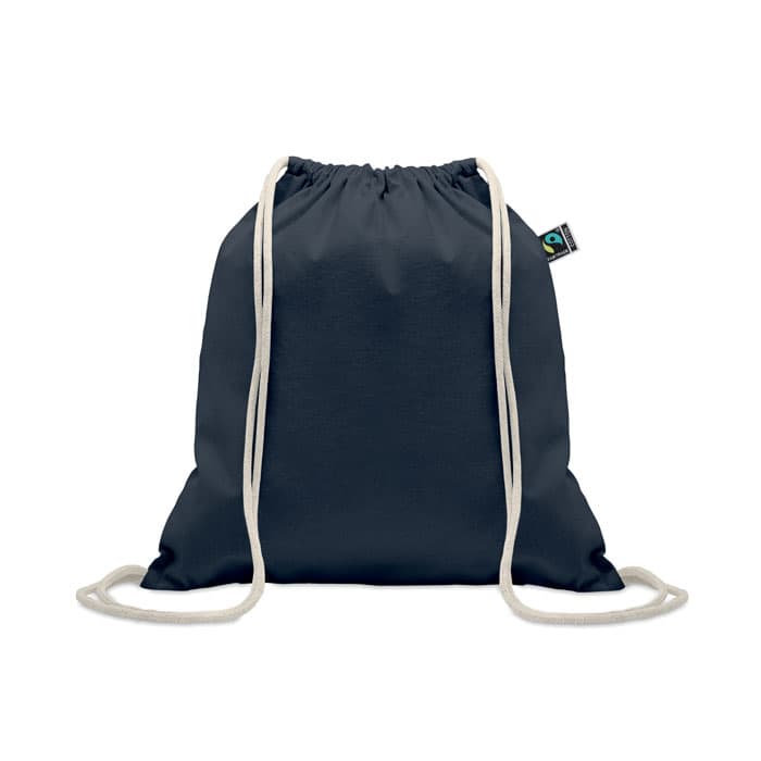A drawstring backpack in navy blue with cream-coloured cords and a tag, featuring a logo.