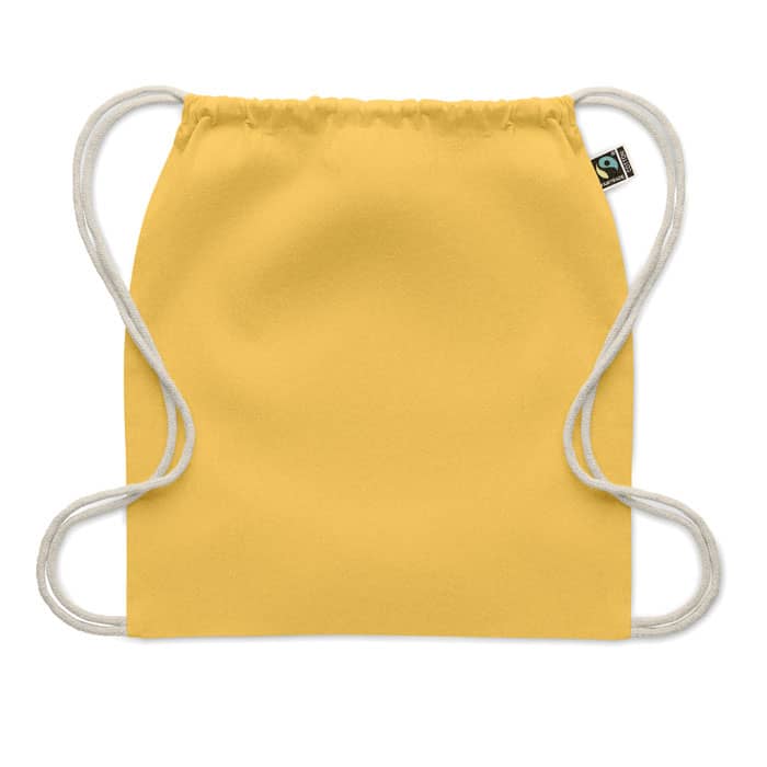A drawstring backpack in bright yellow with white cords, featuring a small logo tag.
