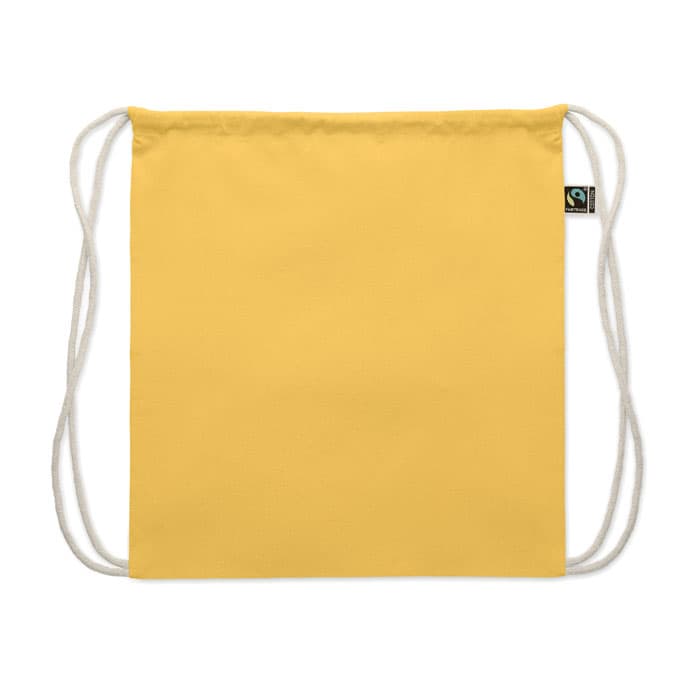 A yellow drawstring bag featuring a logo tag, with white drawstrings for easy carrying.