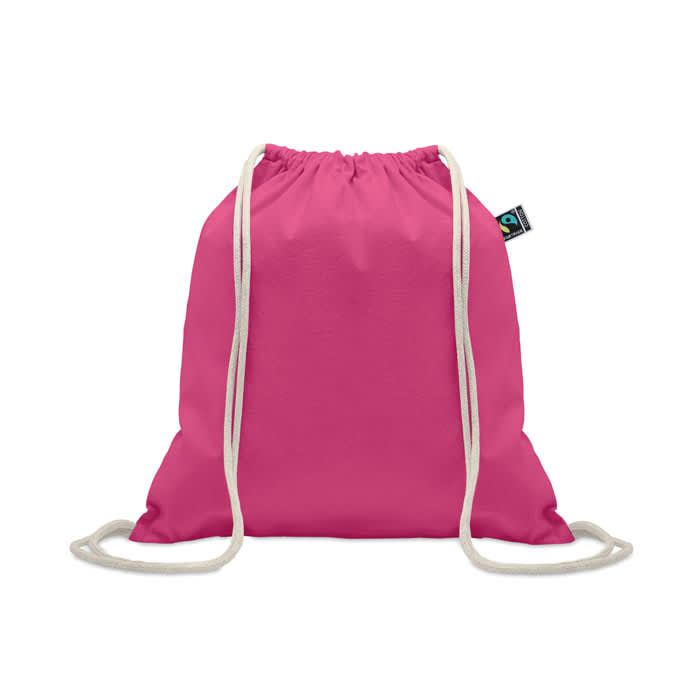 A pink drawstring bag with white cords and a small logo tag on the side.