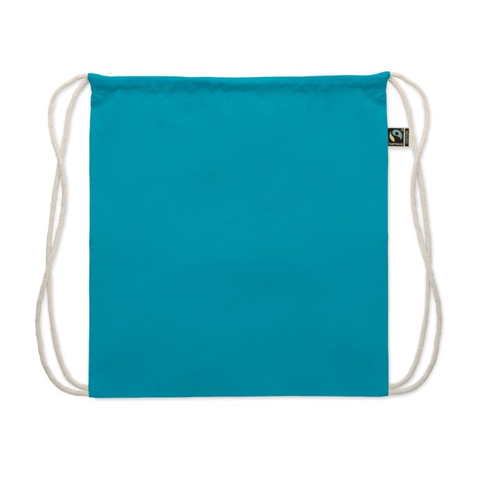 A drawstring bag in bright turquoise with white straps and a small logo tag.