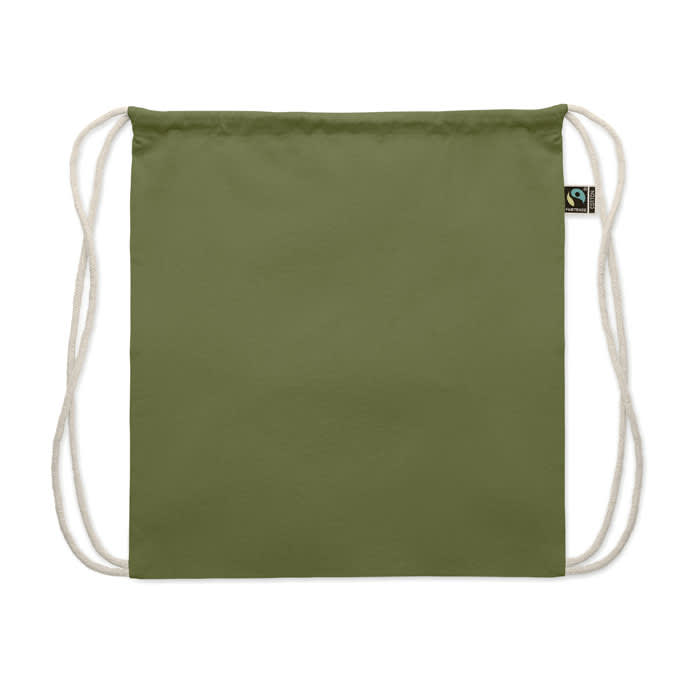 A drawstring bag in olive green with white cords and a small logo tag.