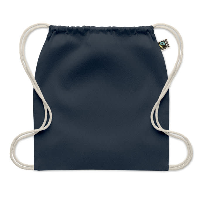 A drawstring backpack in navy blue with cream-coloured cords and a branding label.