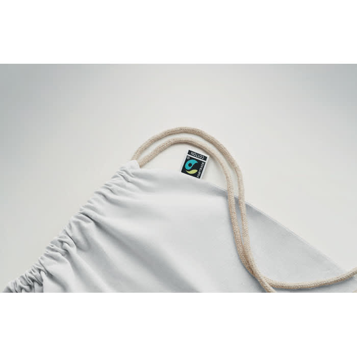 A white pouch bag with a drawstring closure and a small branded logo on the side.