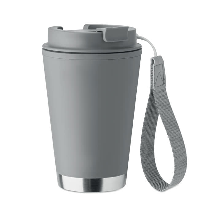 A drink bottle in grey with a stainless steel base and a textured strap for easy carrying. It features a logo on the side.