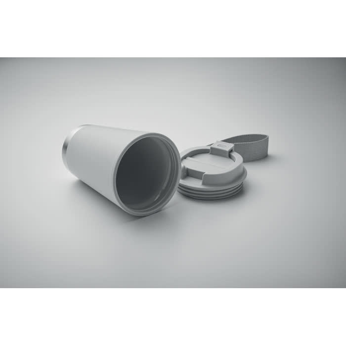 A drink bottle in white with a detachable lid and a grey strap, featuring a simple design.