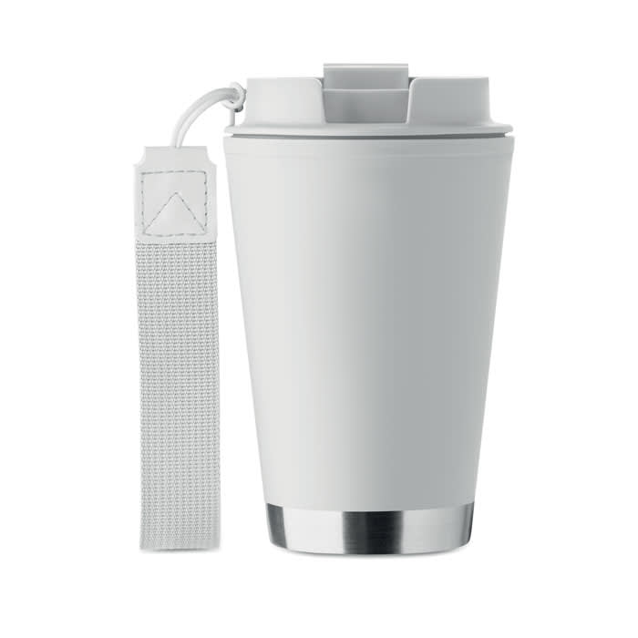 A drink bottle in matte white with a silver base and a grey strap attachment. It has a lid for easy access.