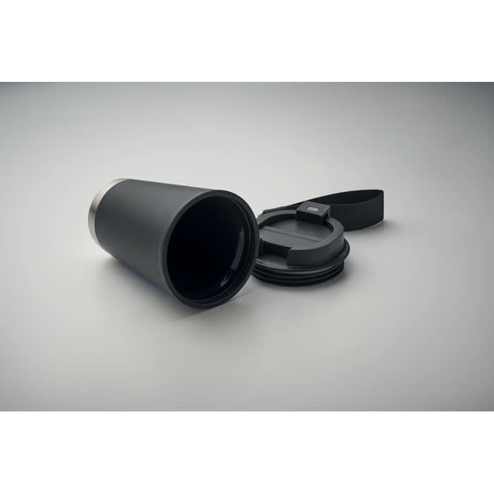A drink bottle in matte black with a metallic silver base and a removable lid. It features a logo on its surface.