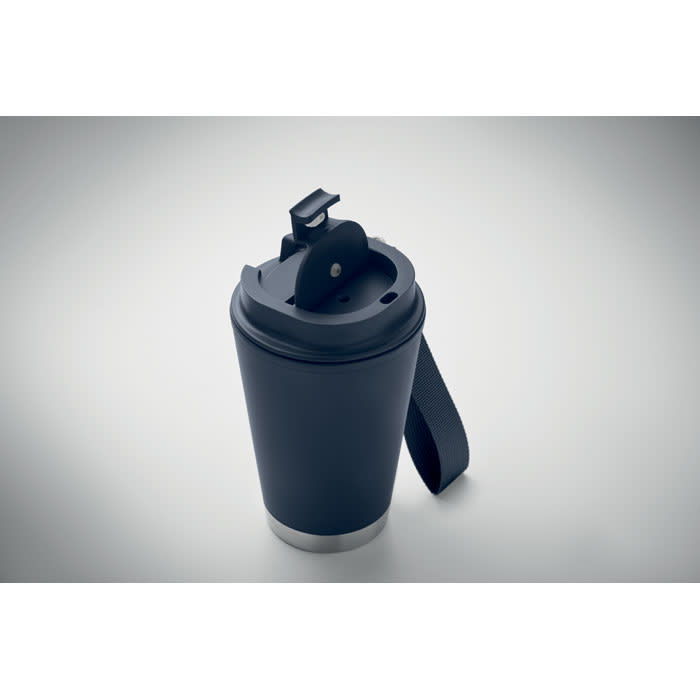 A drink bottle in navy blue with a silver base, featuring a secure lid and a handle for easy carrying.