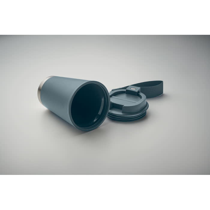 A drink bottle in navy blue with a silver base and a detachable lid. It features a handle for easy carrying.