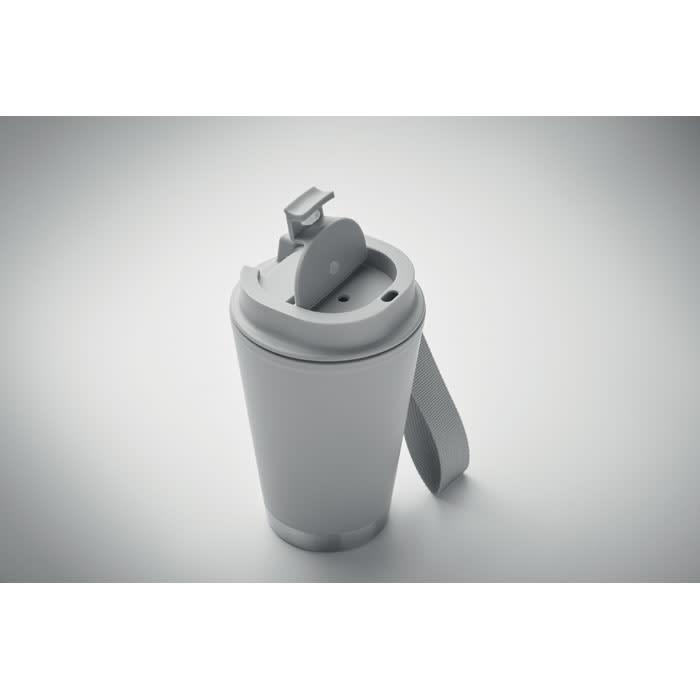 A drink bottle in grey with a flip-top lid and a handle, featuring a logo on the side.