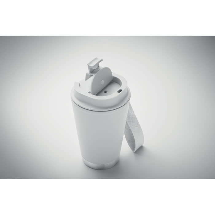 A drink bottle in white with a flip-top lid and a side handle, featuring a logo.
