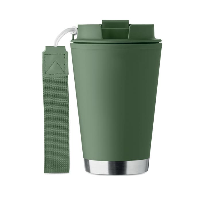 A drink bottle in matte green with a silver base and a removable strap for easy carrying. It has a logo on the side.