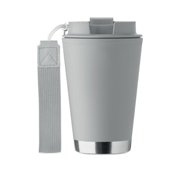 A drink bottle in a sleek grey design with a silver base and a strap for easy carrying.