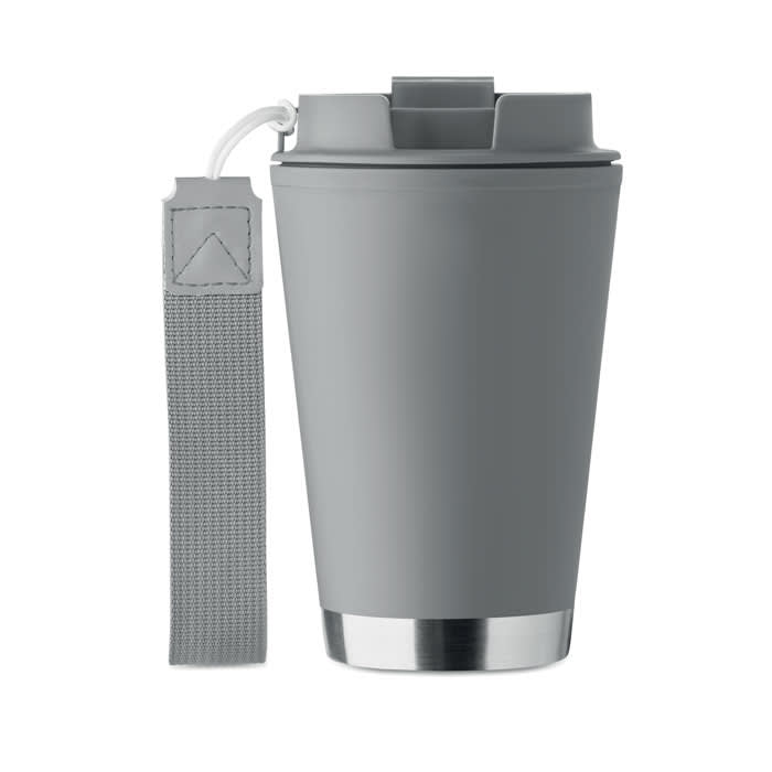 A drink bottle in grey with a silver base and a detachable grey strap. Features a secure lid and a smooth finish.