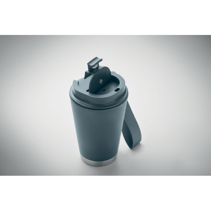 A drink bottle in dark grey with a silver bottom and a flip-top lid. It features a handle for easy carrying.